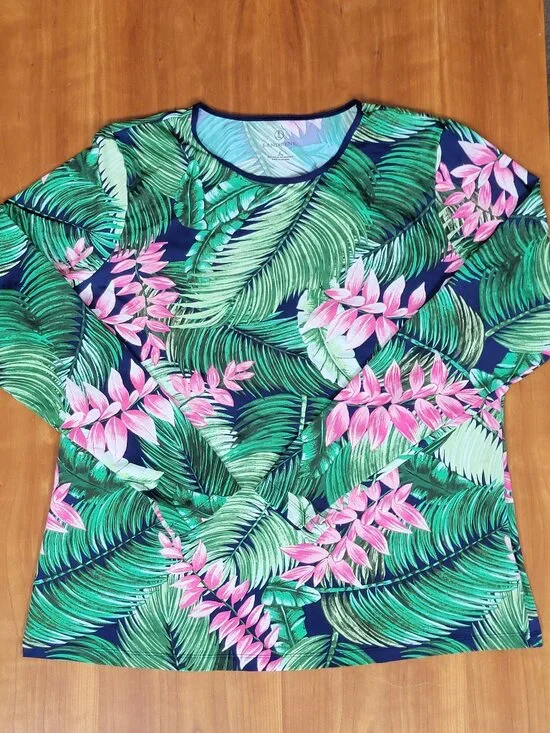 Lands' End Women's Tropical Floral Print Long Sleeve Rash Guard Swim Shirt - L - Picture 4 of 6